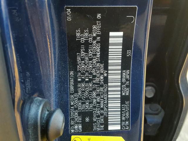 JTEDP21A640019623 - 2004 TOYOTA HIGHLANDER BLUE photo 10