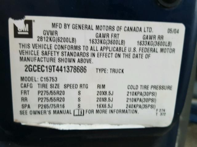 2GCEC19T441378686 - 2004 CHEVROLET SILVERADO BLUE photo 10