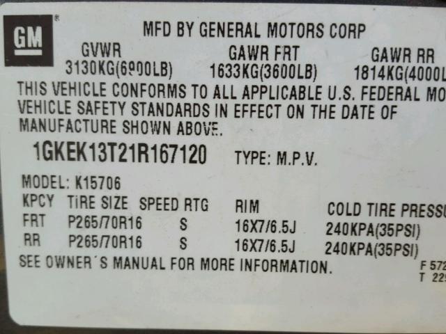 1GKEK13T21R167120 - 2001 GMC YUKON GRAY photo 10