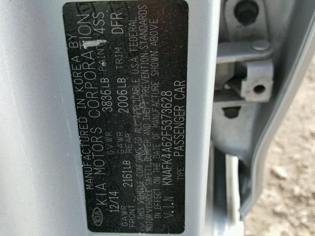 KNAFK4A62F5373628 - 2015 KIA FORTE LX SILVER photo 10