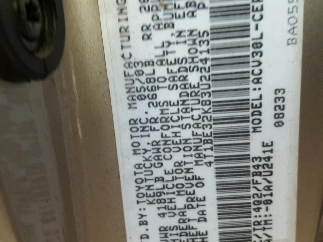 4T1BE32K83U224135 - 2003 TOYOTA CAMRY LE 金色 照片 10