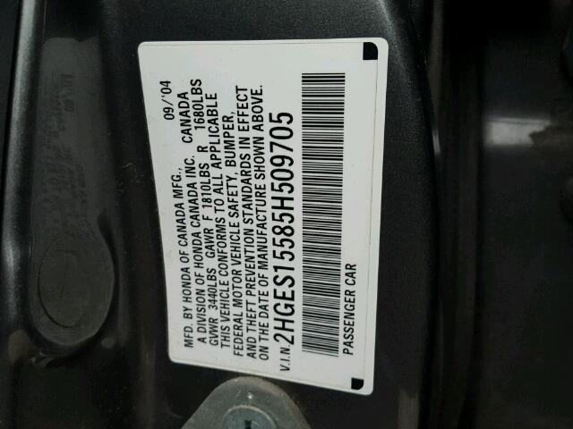 2HGES15585H509705 - 2005 HONDA CIVIC LX GRAY photo 10