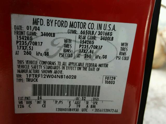 1FTRF12W04NB16028 - 2004 FORD F150 RED photo 10