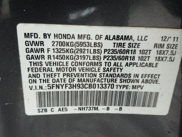 5FNYF3H93CB013370 - 2012 HONDA PILOT TOUR GRAY photo 10