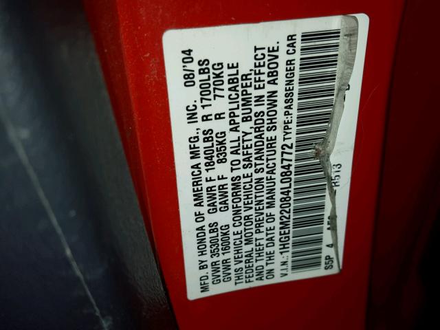 1HGEM22084L084772 - 2004 HONDA CIVIC EX Կարմիր լուսանկար 10