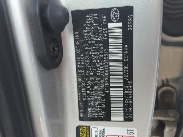 4T1BE32K84U375672 - 2004 TOYOTA CAMRY LE SILVER photo 10