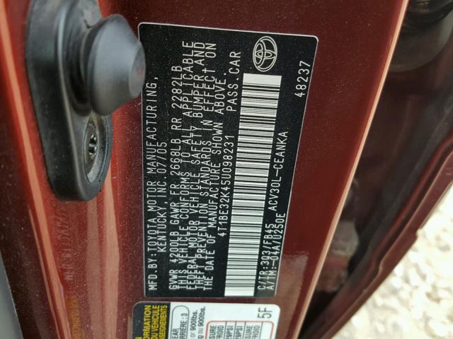 4T1BE32K45U098231 - 2005 TOYOTA CAMRY LE მუქწითელი ფოტო 10