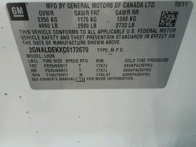 2GNALDEKXC6172679 - 2012 CHEVROLET EQUINOX LT WHITE photo 10