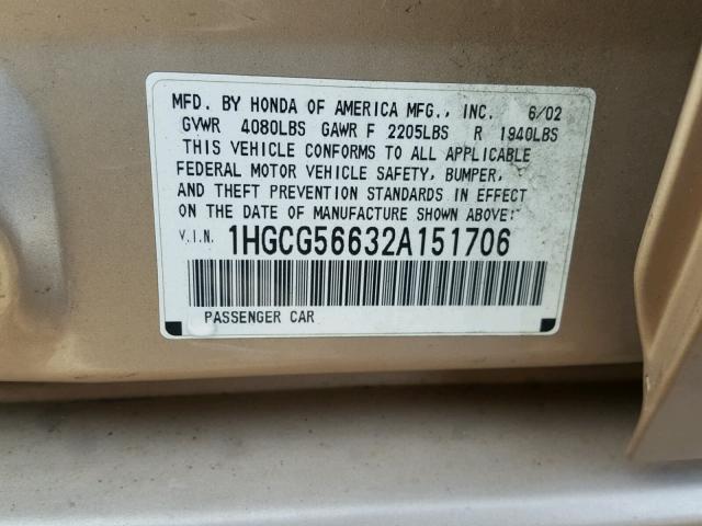 1HGCG56632A151706 - 2002 HONDA ACCORD EX GOLD photo 10