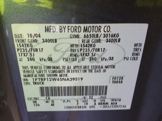 1FTRF12W45NA39519 - 2005 FORD F150 GRAY photo 10