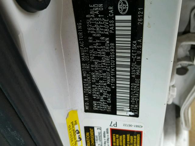4T1BF1FK1CU105838 - 2012 TOYOTA CAMRY BASE WHITE photo 10