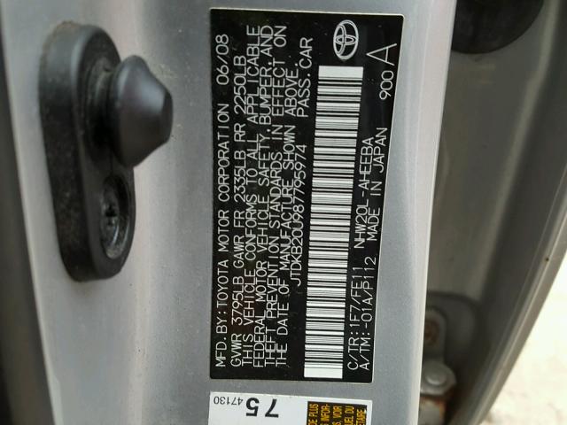 JTDKB20U987795974 - 2008 TOYOTA PRIUS SILVER photo 10