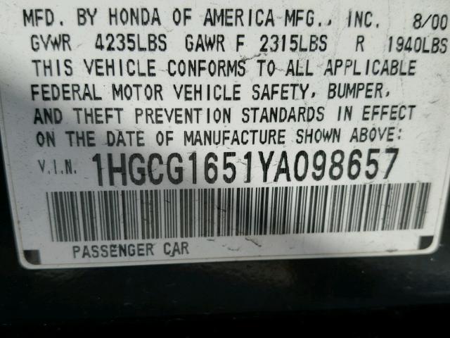 1HGCG1651YA098657 - 2000 HONDA ACCORD EX GREEN photo 10