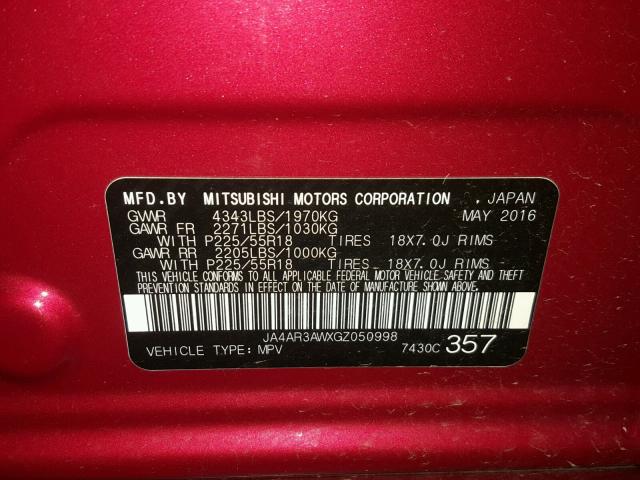 JA4AR3AWXGZ050998 - 2016 MITSUBISHI OUTLANDER RED photo 10