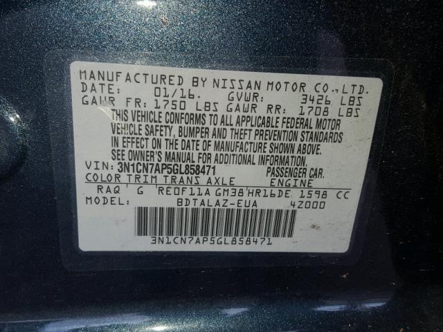 3N1CN7AP5GL858471 - 2016 NISSAN VERSA S BLUE photo 10