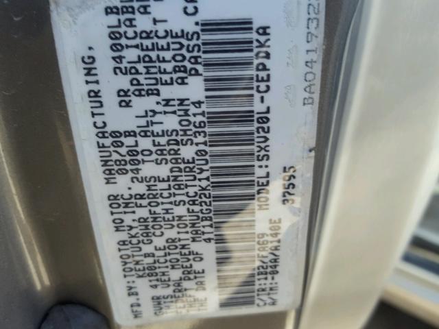 4T1BG22K1YU013614 - 2000 TOYOTA CAMRY CE GRAY photo 10