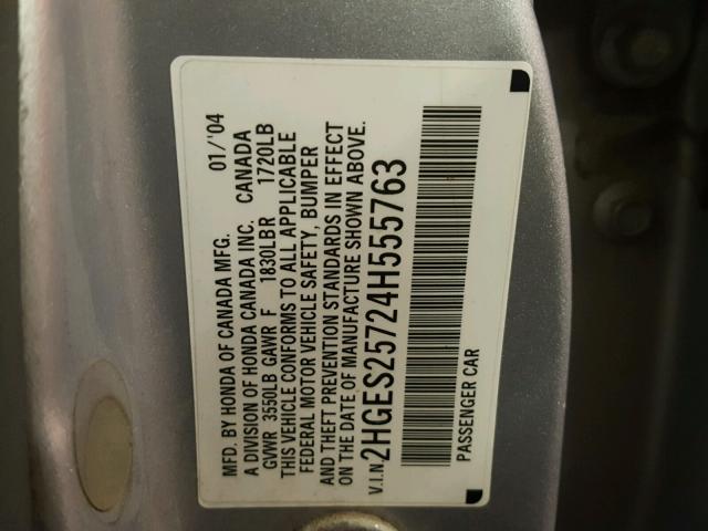 2HGES25724H555763 - 2004 HONDA CIVIC EX 银色 照片 10