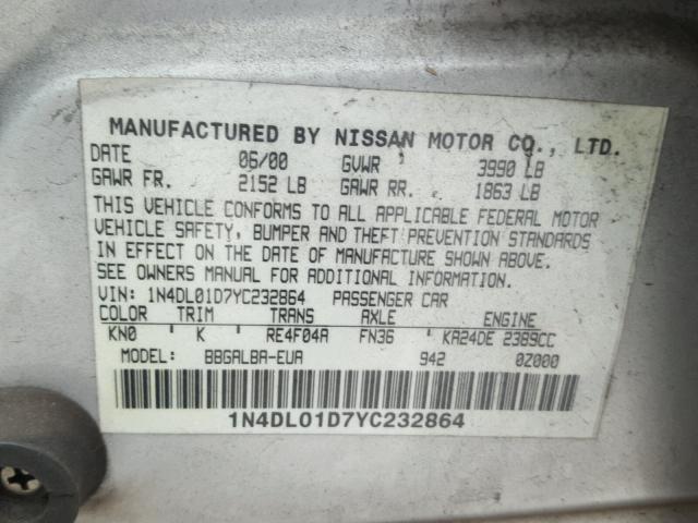 1N4DL01D7YC232864 - 2000 NISSAN ALTIMA XE SILVER photo 10