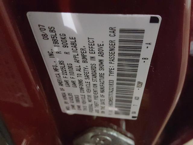 1HGCM55777A221833 - 2007 HONDA ACCORD EX RED photo 10