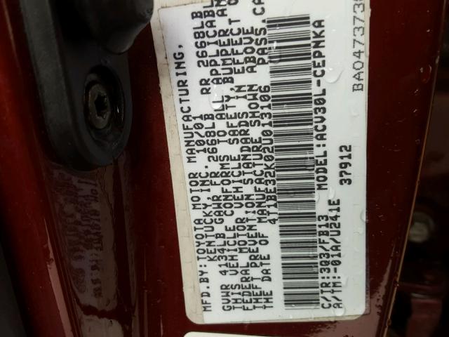 4T1BE32K02U013106 - 2002 TOYOTA CAMRY LE BURGUNDY photo 10