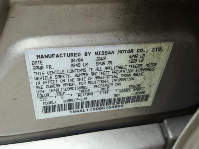 1N4AL11D05C154965 - 2005 NISSAN ALTIMA S GOLD photo 10