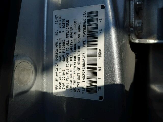 1HGCP25738A052871 - 2008 HONDA ACCORD EX SILVER photo 10