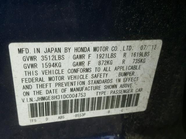 JHMGE8H31DC004753 - 2013 HONDA FIT BLUE photo 10