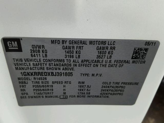 1GKKRREDXBJ391805 - 2011 GMC ACADIA SLT WHITE photo 10