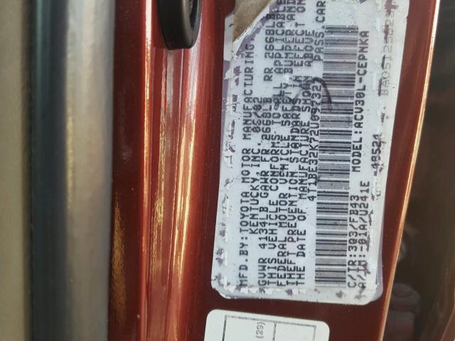 4T1BE32K72U097327 - 2002 TOYOTA CAMRY LE RED photo 10