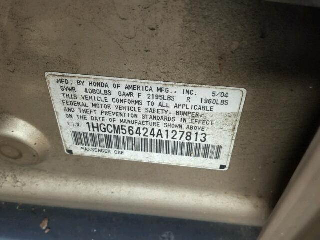 1HGCM56424A127813 - 2004 HONDA ACCORD LX GOLD photo 10