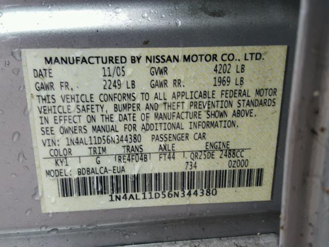 1N4AL11D56N344380 - 2006 NISSAN ALTIMA S SILVER photo 10