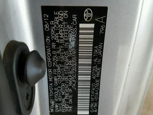 JTKJF5C72D3055197 - 2013 TOYOTA SCION TC 银色 照片 10