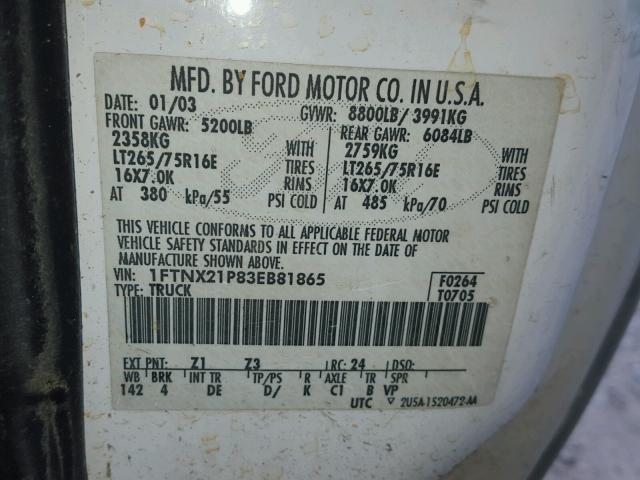 1FTNX21P83EB81865 - 2003 FORD F250 SUPER WHITE photo 10