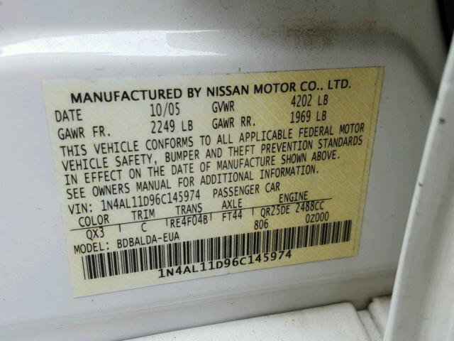 1N4AL11D96C145974 - 2006 NISSAN ALTIMA S WHITE photo 10