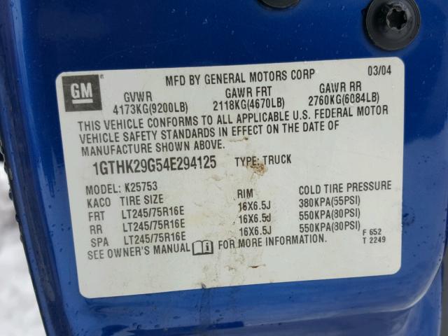 1GTHK29G54E294125 - 2004 GMC SIERRA K25 BLUE photo 10