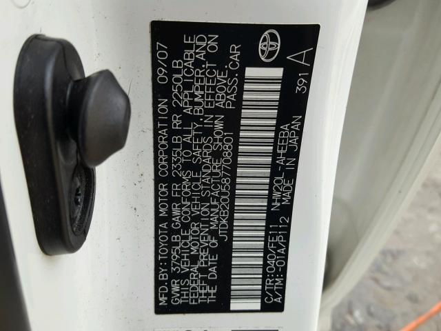 JTDKB20U587708801 - 2008 TOYOTA PRIUS WHITE photo 10