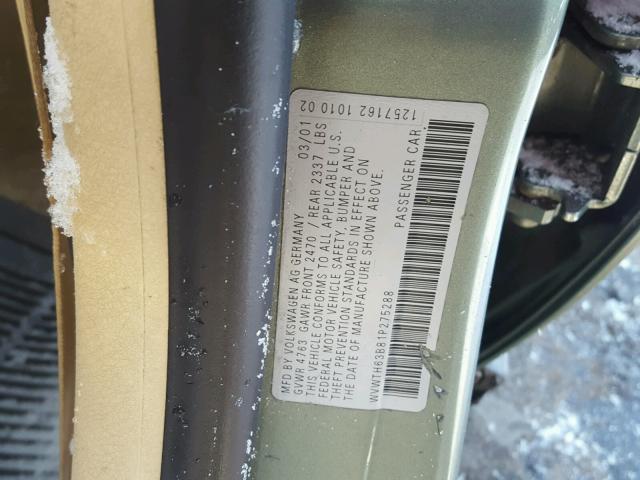 WVWTH63B81P275288 - 2001 VOLKSWAGEN PASSAT GLX 绿色 照片 10