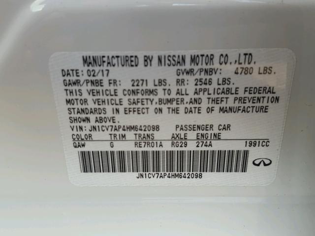 JN1CV7AP4HM642098 - 2017 INFINITI Q50 BASE WHITE photo 10