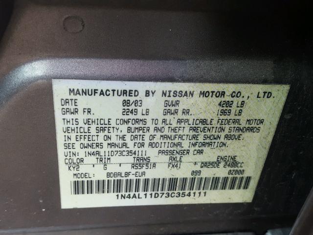 1N4AL11D73C354111 - 2003 NISSAN ALTIMA BAS SILVER photo 10