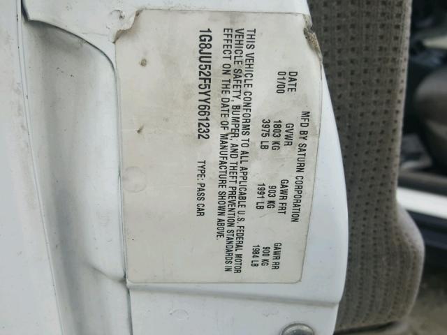 1G8JU52F5YY661232 - 2000 SATURN LS1 WHITE photo 10