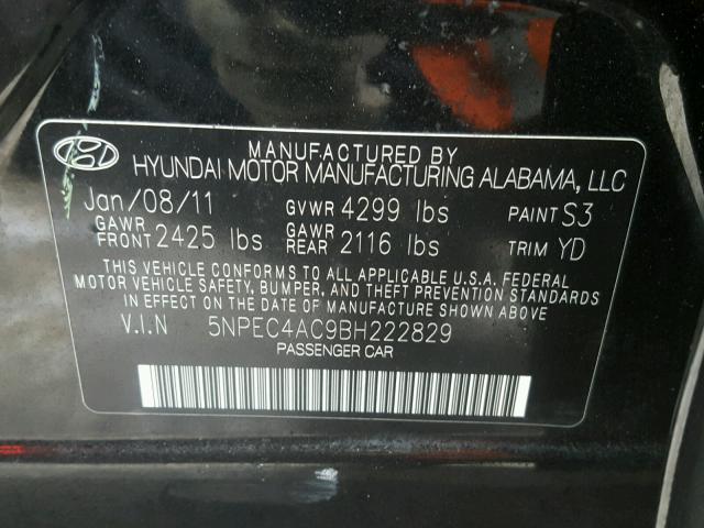 5NPEC4AC9BH222829 - 2011 HYUNDAI SONATA SE BLACK photo 10