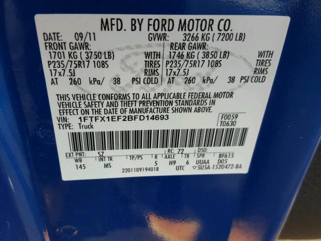 1FTFX1EF2BFD14693 - 2011 FORD F150 SUPER BLUE photo 10