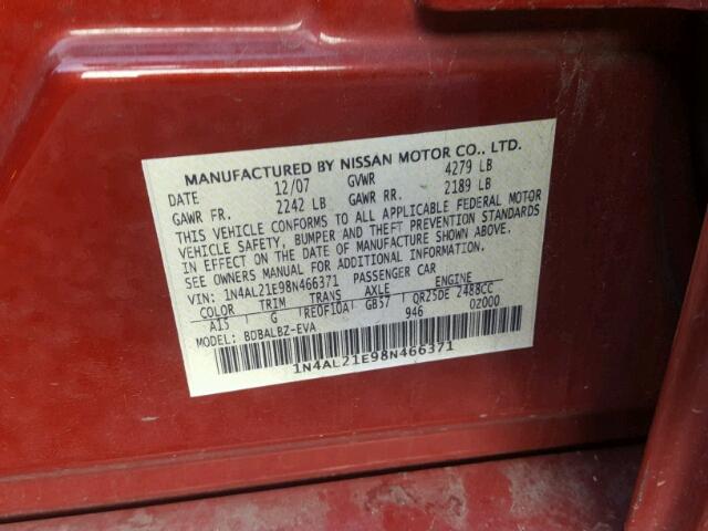 1N4AL21E98N466371 - 2008 NISSAN ALTIMA 2.5 RED photo 10