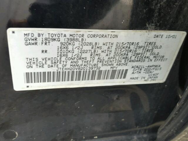 JTEHH20V820139732 - 2002 TOYOTA RAV4 BLACK photo 10