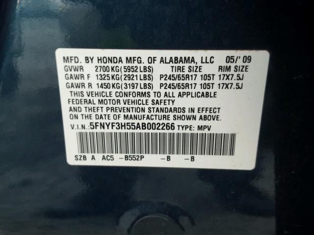 5FNYF3H55AB002266 - 2010 HONDA PILOT EXL BLUE photo 10