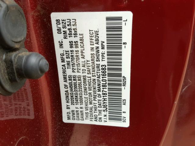 5J6YH18718L016683 - 2008 HONDA ELEMENT EX MAROON photo 10