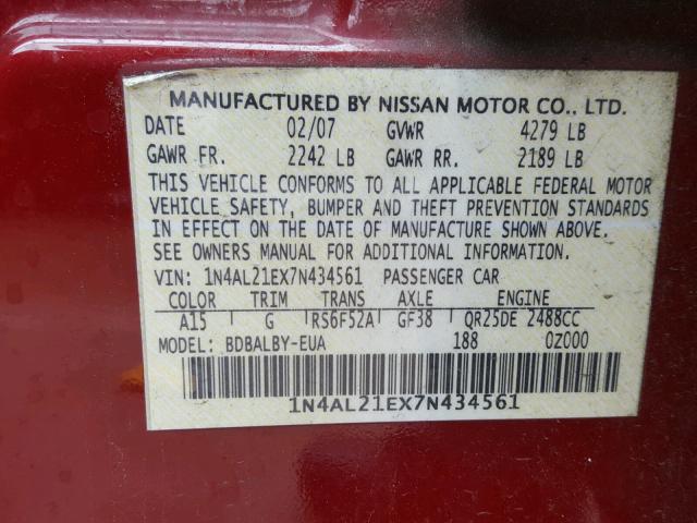 1N4AL21EX7N434561 - 2007 NISSAN ALTIMA 2.5 RED photo 10