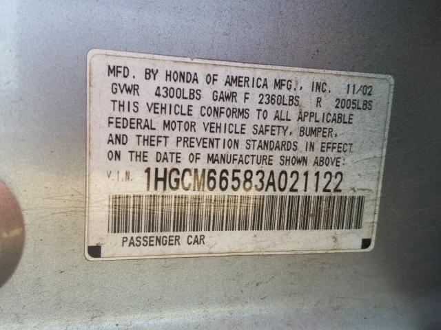 1HGCM66583A021122 - 2003 HONDA ACCORD EX SILVER photo 10