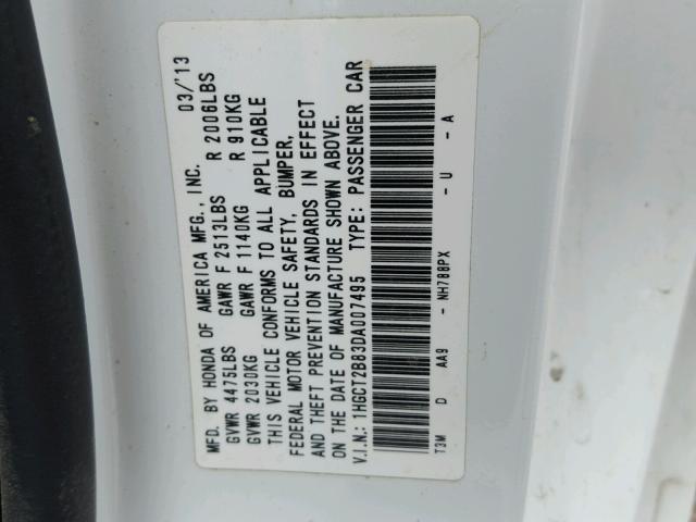 1HGCT2B83DA007495 - 2013 HONDA ACCORD EXL WHITE photo 10