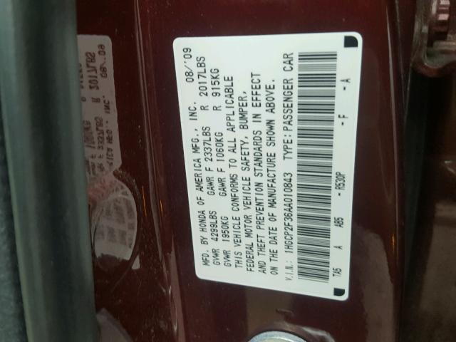 1HGCP2F36AA010843 - 2010 HONDA ACCORD LX MAROON photo 10